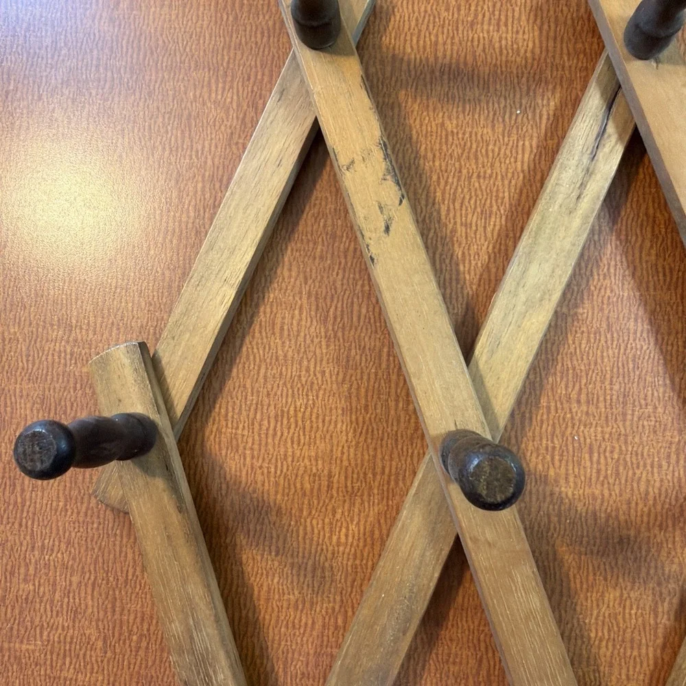 Vintage Accordion Wood Peg Rack 10 Pegs Wall Storage Organizer Coats Mugs 13